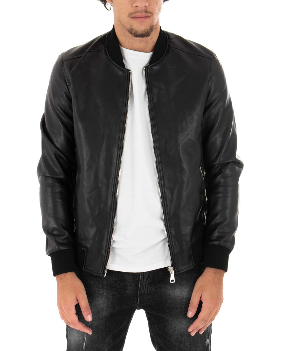 Giubbotto Uomo College Ecopelle Tinta Unita Nero Biker Basic GIOSAL-G2583A