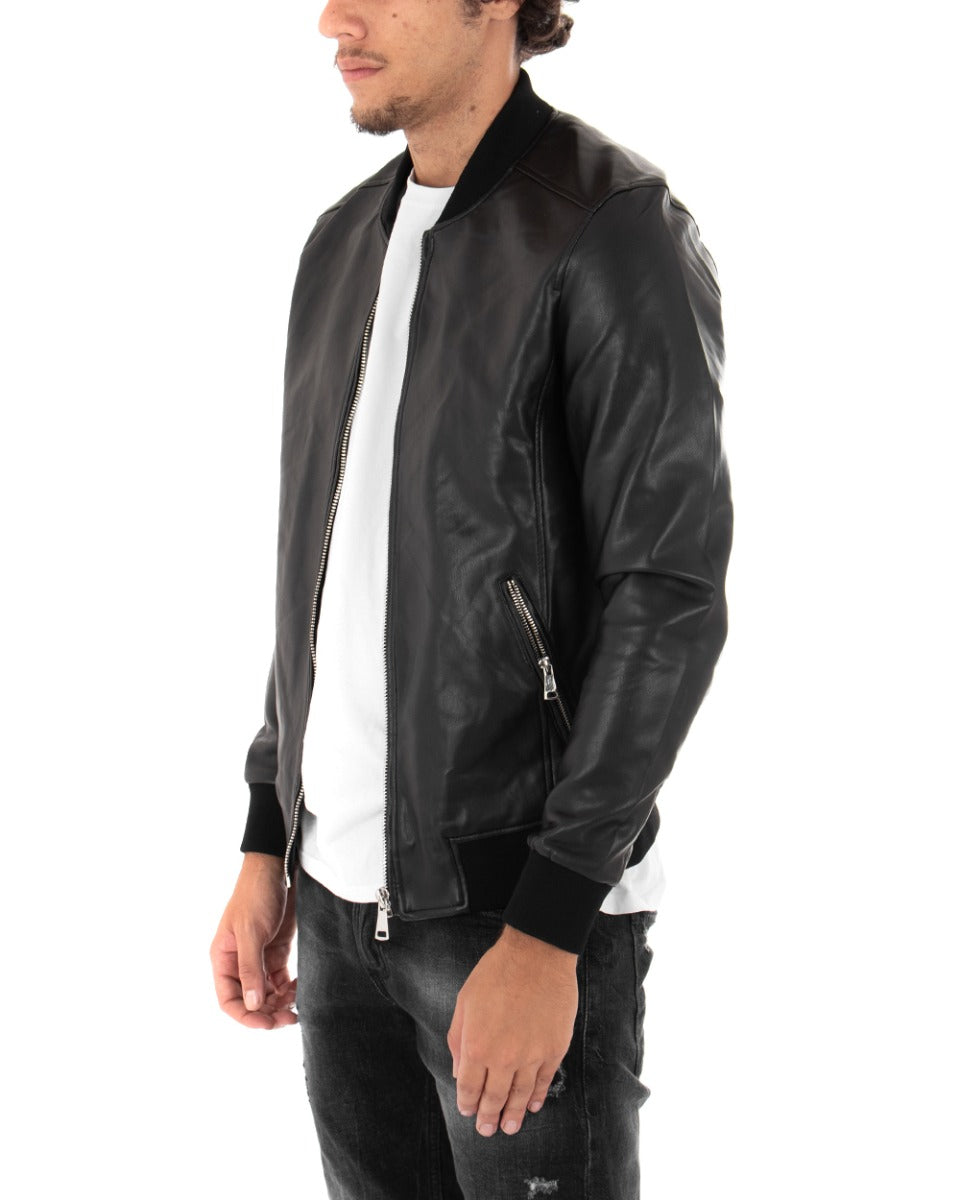 Giubbotto Uomo College Ecopelle Tinta Unita Nero Biker Basic GIOSAL-G2583A