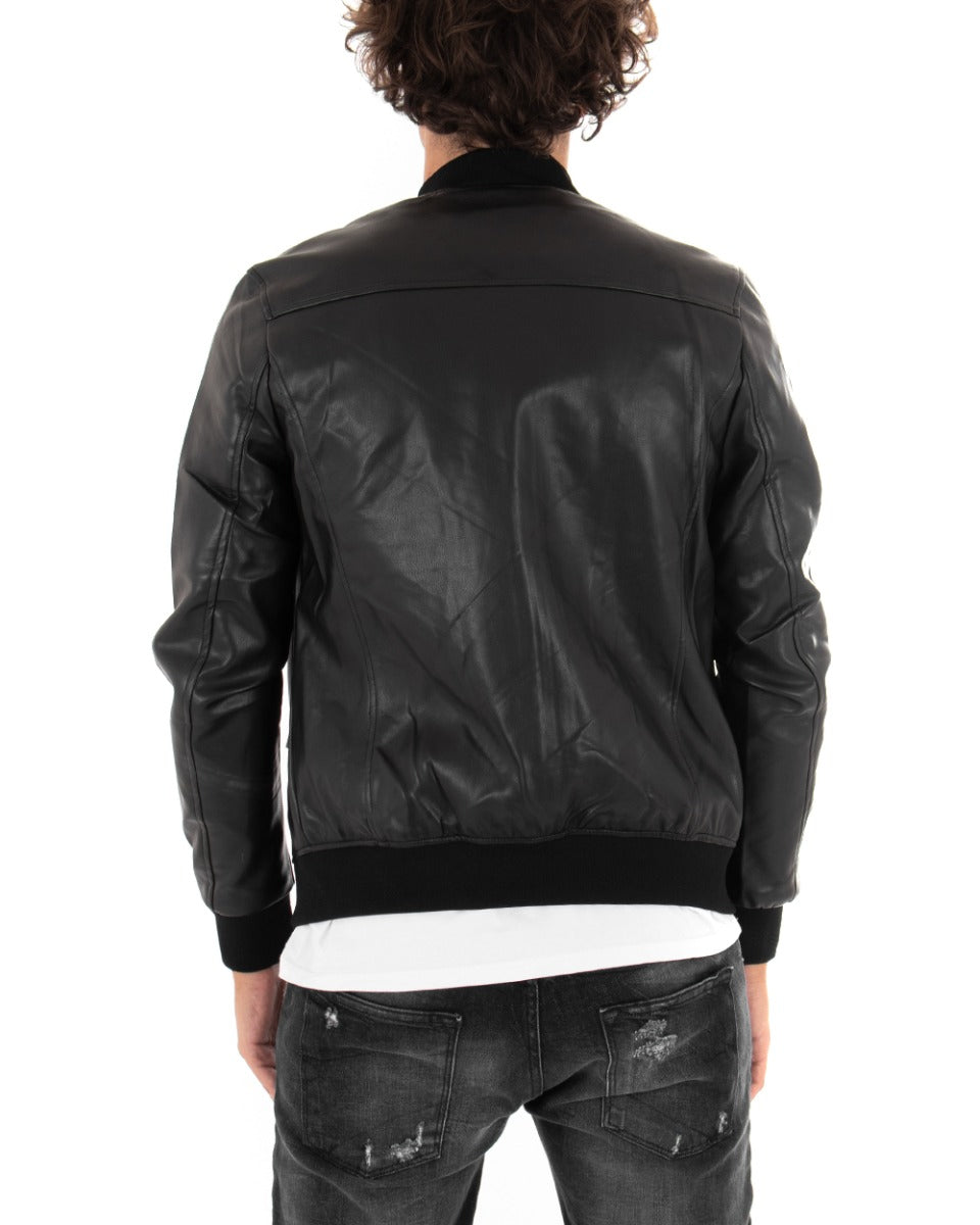 Giubbotto Uomo College Ecopelle Tinta Unita Nero Biker Basic GIOSAL-G2583A
