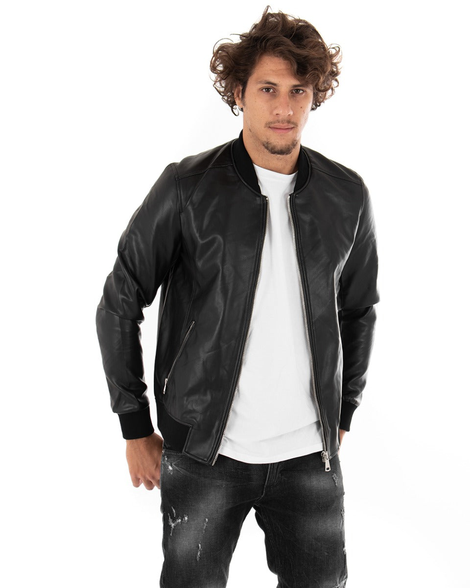 Giubbotto Uomo College Ecopelle Tinta Unita Nero Biker Basic GIOSAL-G2583A