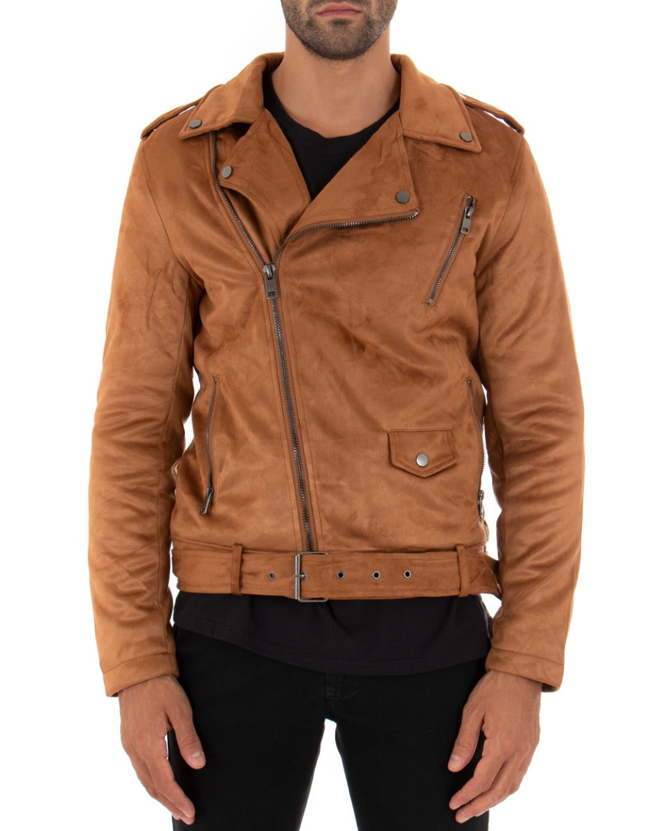 Giubbotto Uomo Chiodo Camoscio Camel Tinta Unita Zip Biker GIOSAL-G2860A