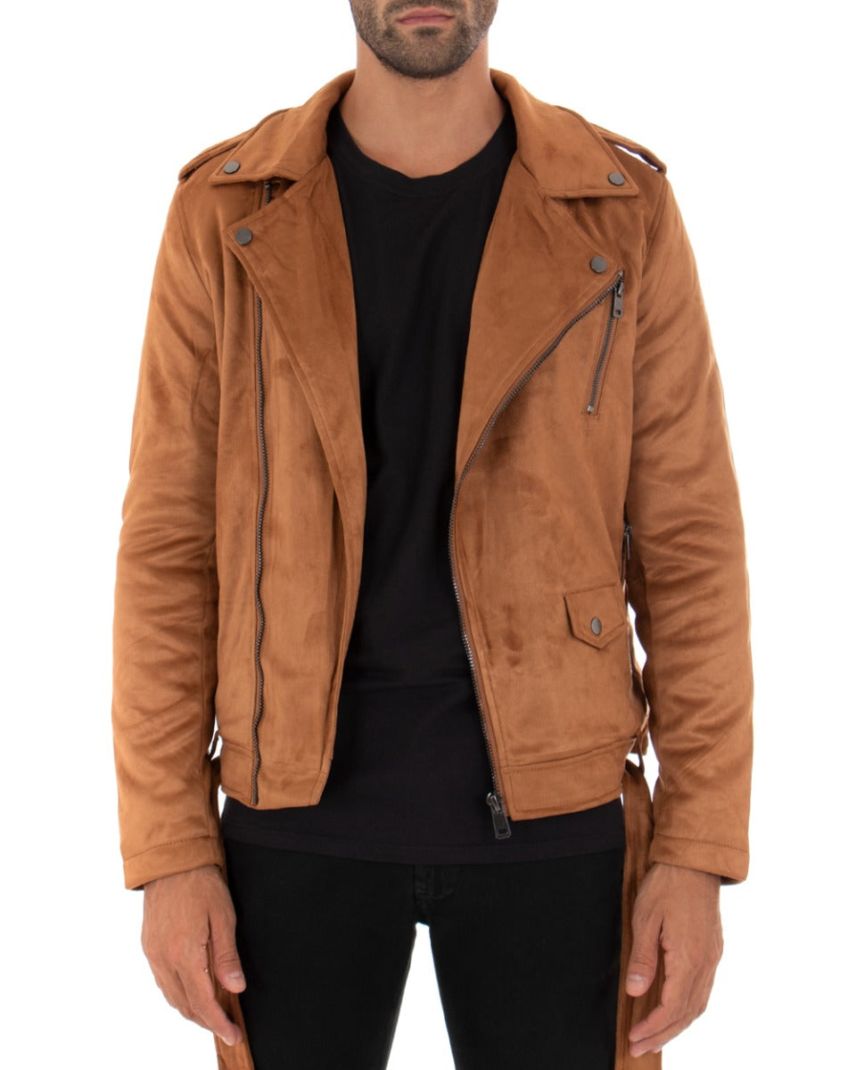 Giubbotto Uomo Chiodo Camoscio Camel Tinta Unita Zip Biker GIOSAL-G2860A