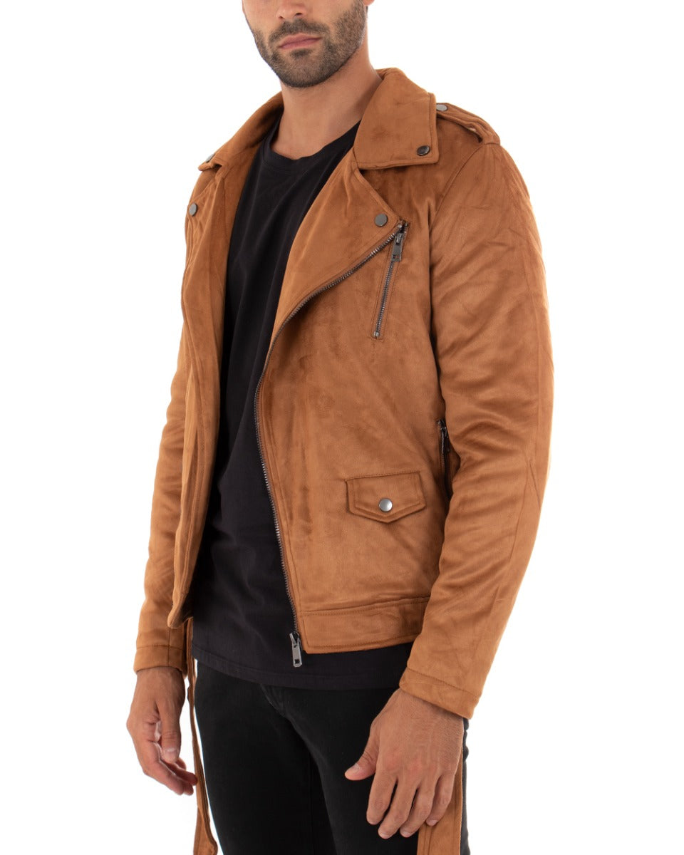 Giubbotto Uomo Chiodo Camoscio Camel Tinta Unita Zip Biker GIOSAL-G2860A