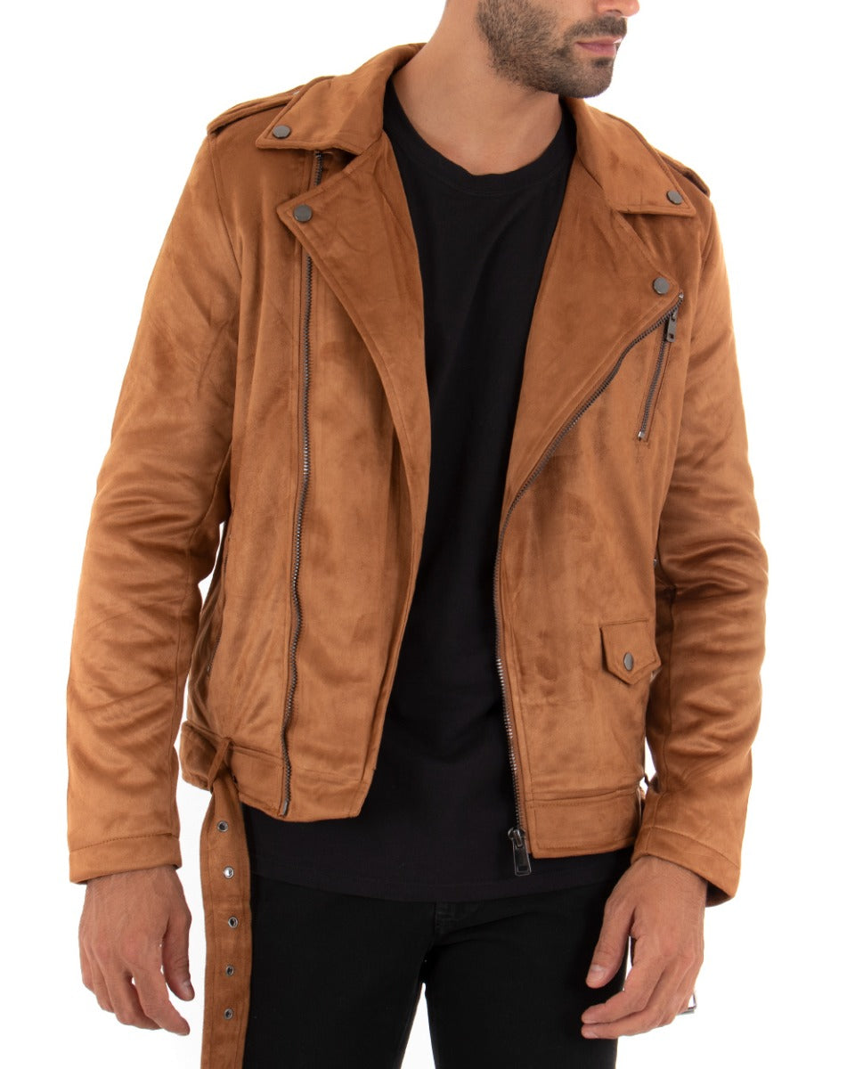 Giubbotto Uomo Chiodo Camoscio Camel Tinta Unita Zip Biker GIOSAL-G2860A
