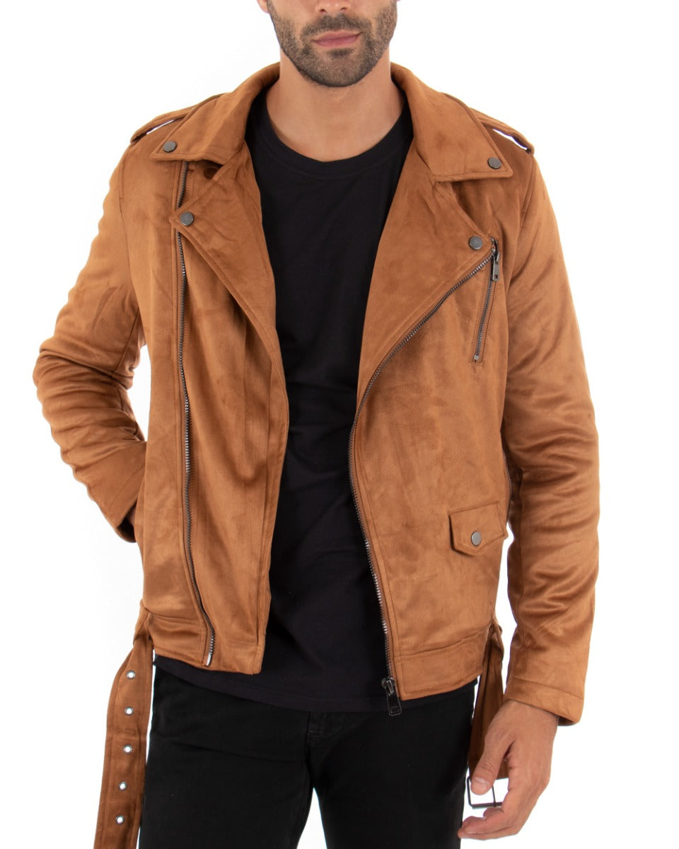 Giubbotto Uomo Chiodo Camoscio Camel Tinta Unita Zip Biker GIOSAL-G2860A