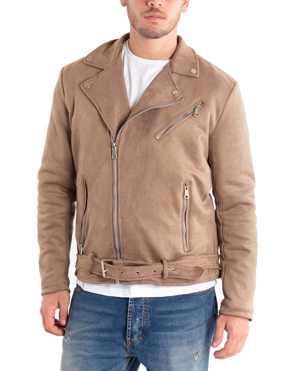 Giubbotto Uomo Giacca Biker Chiodo Camoscio Beige Zip GIOSAL-G2863A