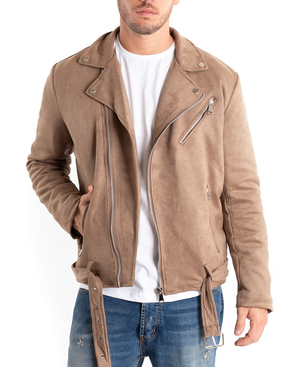 Giubbotto Uomo Giacca Biker Chiodo Camoscio Beige Zip GIOSAL-G2863A