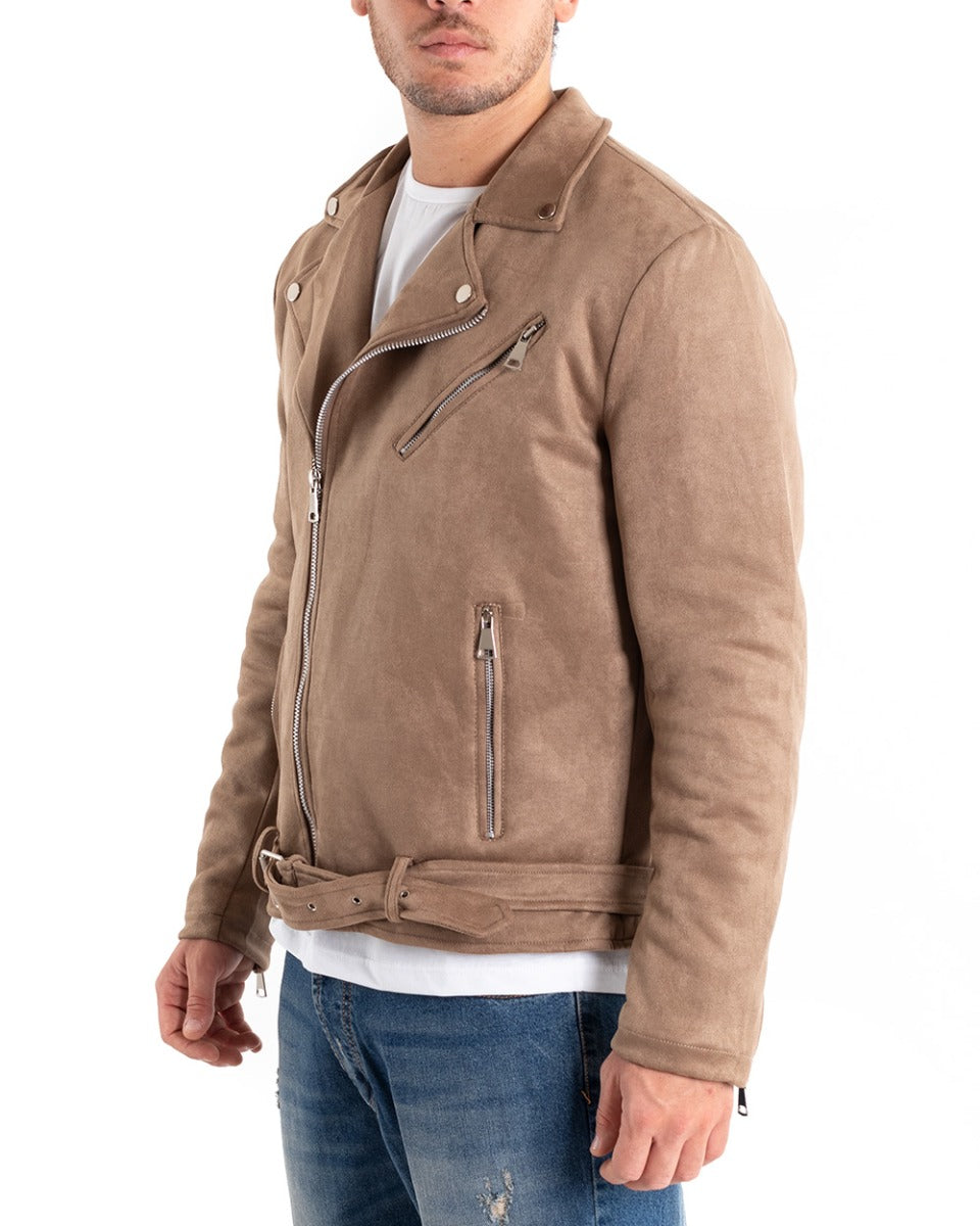 Giubbotto Uomo Giacca Biker Chiodo Camoscio Beige Zip GIOSAL-G2863A