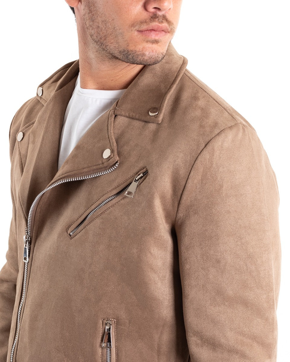 Giubbotto Uomo Giacca Biker Chiodo Camoscio Beige Zip GIOSAL-G2863A