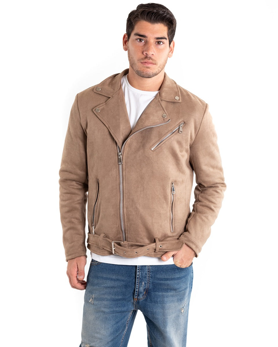 Giubbotto Uomo Giacca Biker Chiodo Camoscio Beige Zip GIOSAL-G2863A