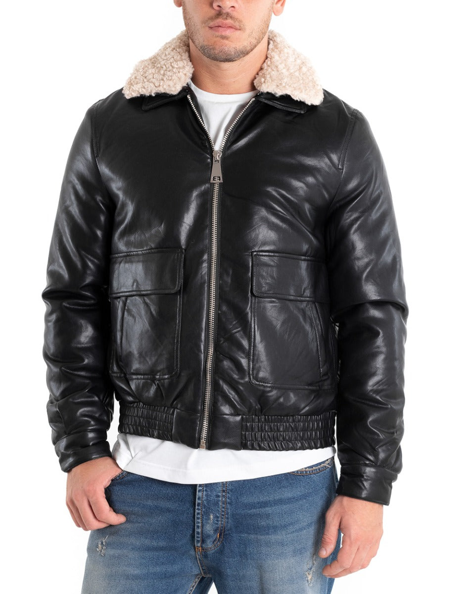 Black leather bomber outlet jacket with fur collar