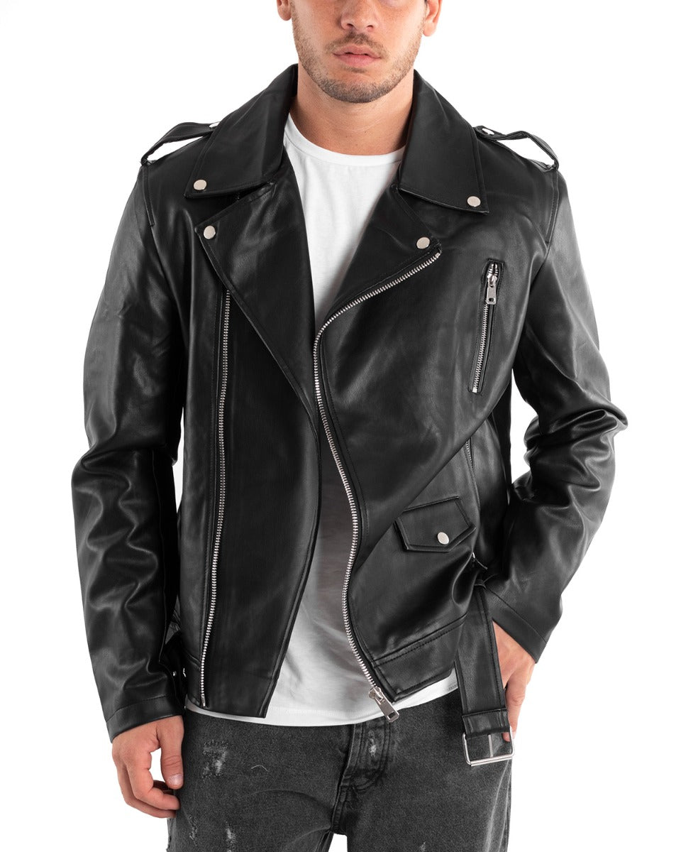 Giubbotto Uomo Biker Chiodo Ecopelle Morbida Tinta Unita Nero Casual GIOSAL-G2873A