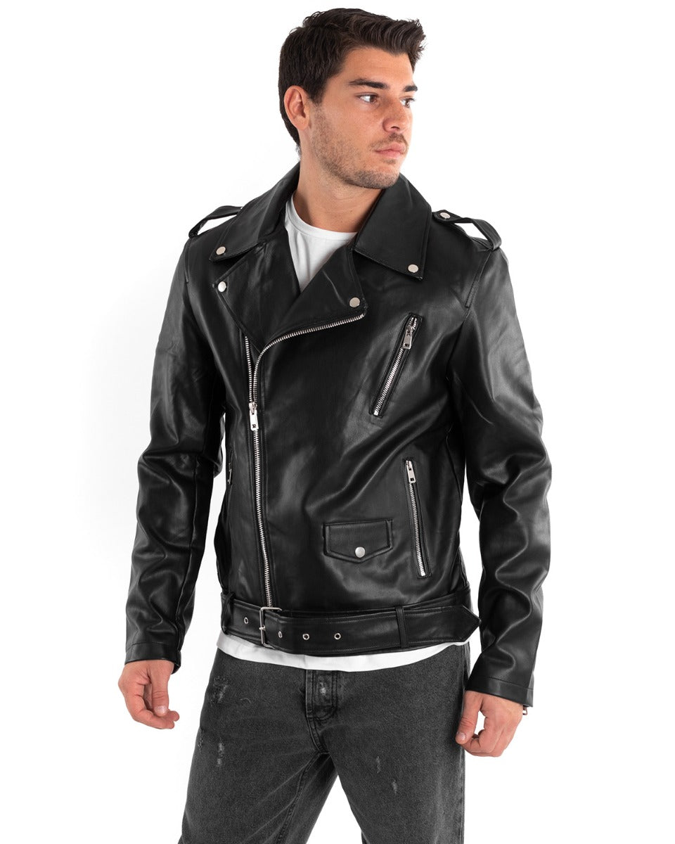 Giubbotto Uomo Biker Chiodo Ecopelle Morbida Tinta Unita Nero Casual GIOSAL-G2873A