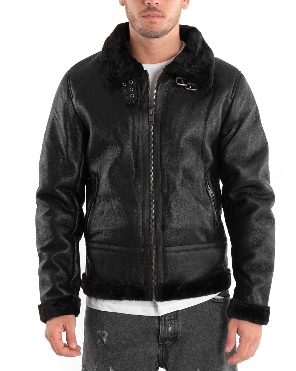 Giubbotto Uomo Chiodo Ecopelle Nero Pelliccia Casual Bomber GIOSAL-G2876A