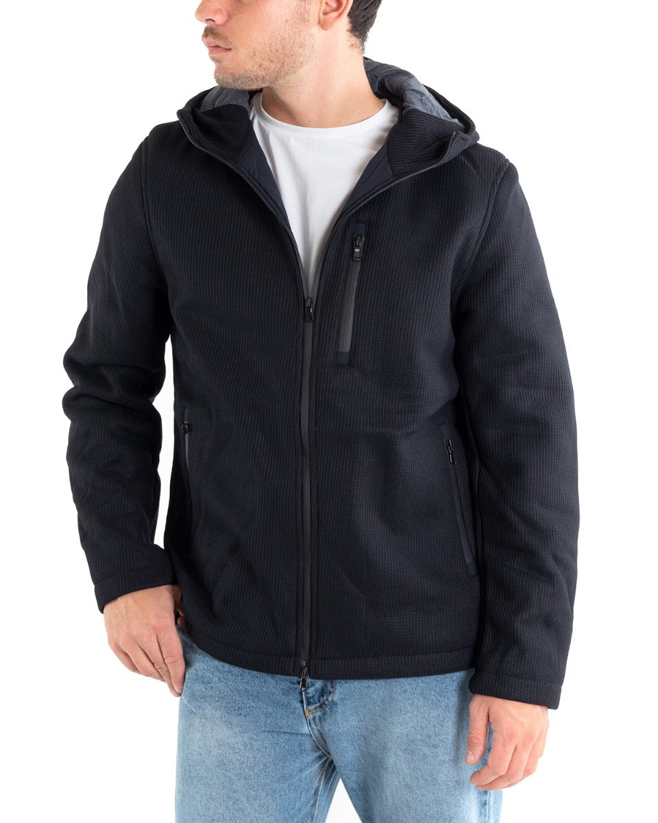 Giubbotto Uomo Bomber Cappuccio Tessuto Tecnico Blu Casual GIOSAL-G2885A