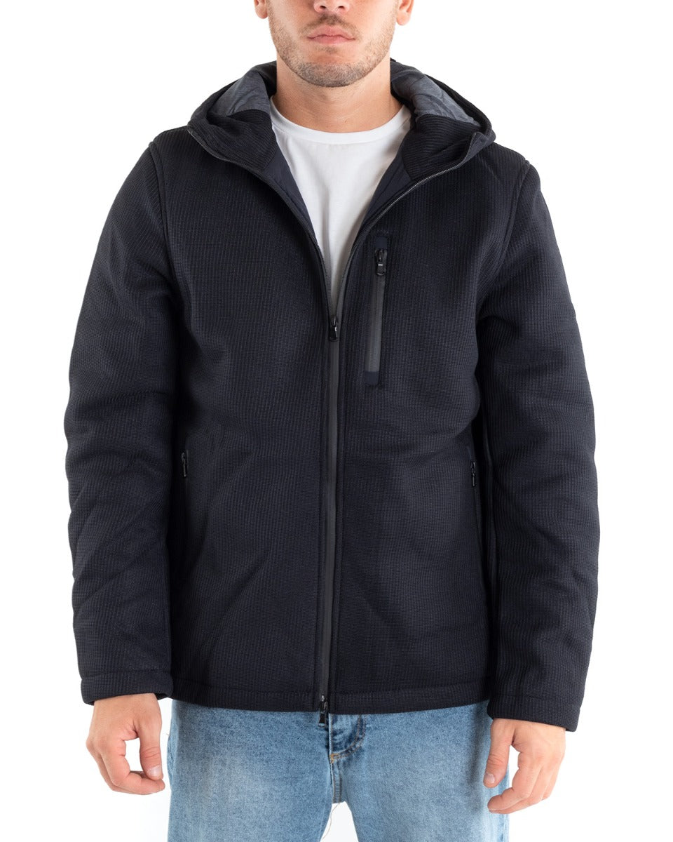 Giubbotto Uomo Bomber Cappuccio Tessuto Tecnico Blu Casual GIOSAL-G2885A