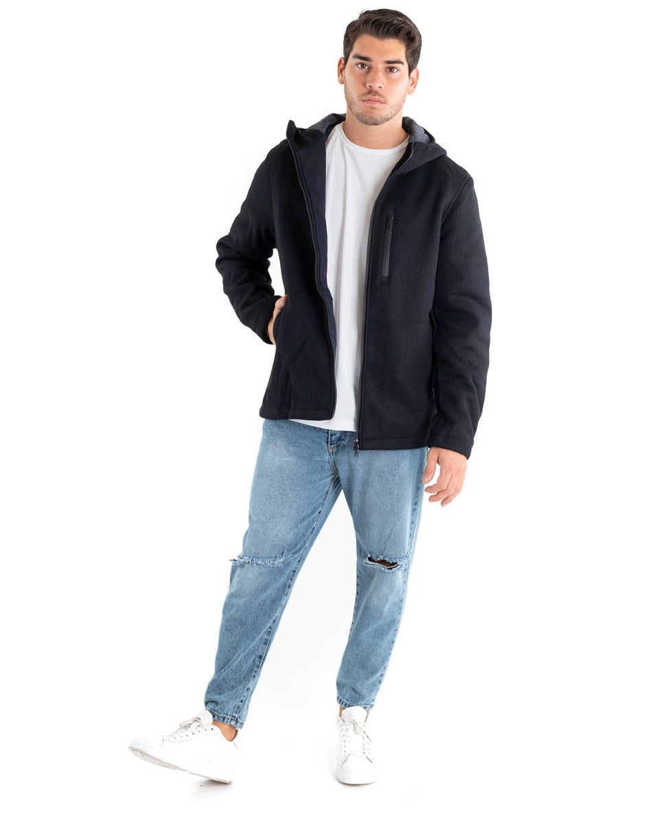 Giubbotto Uomo Bomber Cappuccio Tessuto Tecnico Blu Casual GIOSAL-G2885A