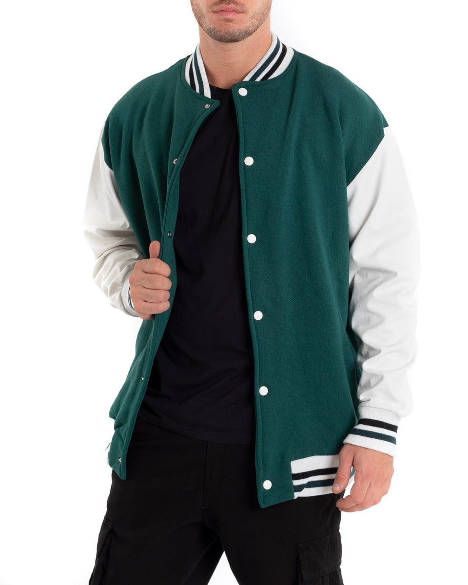 Giubbotto Uomo Giacca College Varsity Ecopelle Bicolore Verde Bianco GIOSAL-G2888A