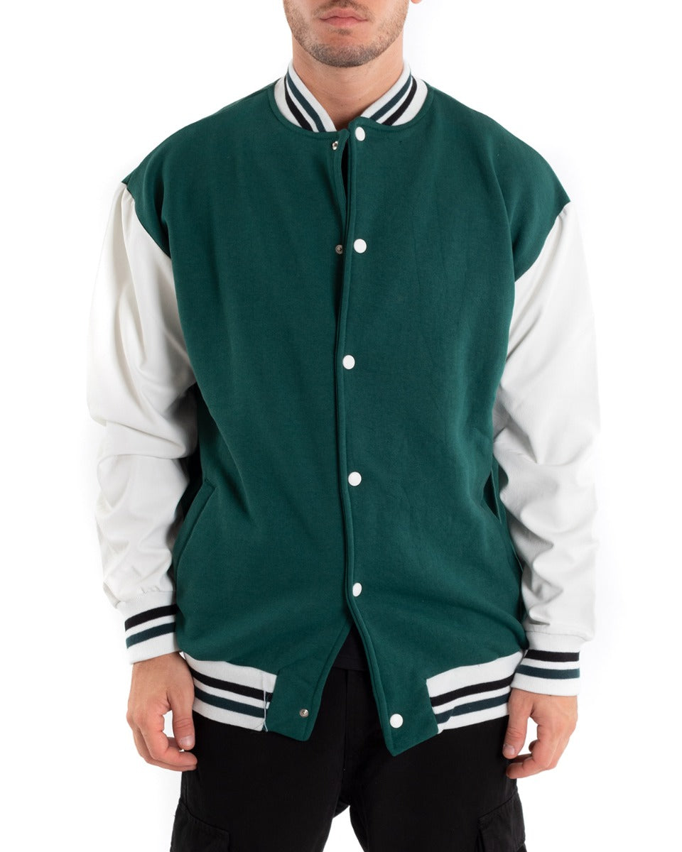 Giubbotto Uomo Giacca College Varsity Ecopelle Bicolore Verde Bianco GIOSAL-G2888A