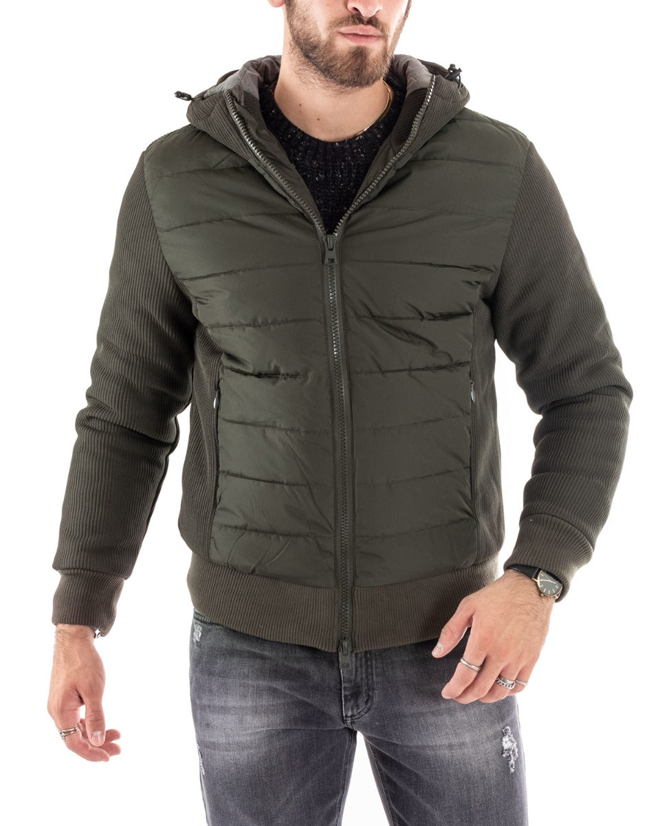 Giubbotto Uomo Cappuccio Bomber Tinta Unita Verde Tessuto Tecnico GIOSAL-G2927A