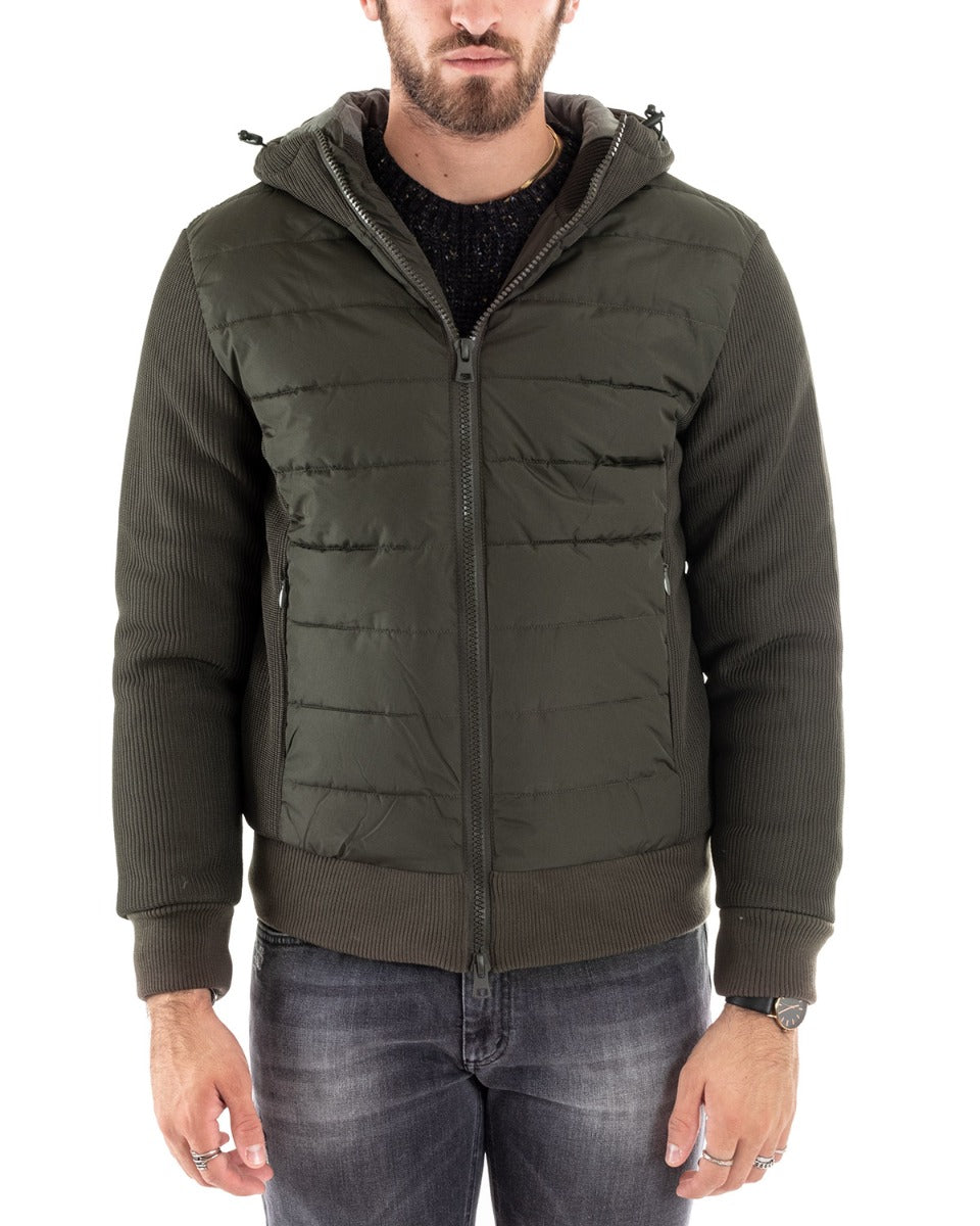 Giubbotto Uomo Cappuccio Bomber Tinta Unita Verde Tessuto Tecnico GIOSAL-G2927A
