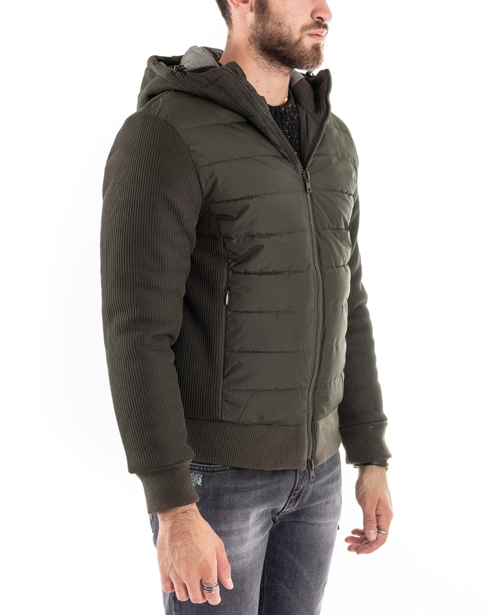 Giubbotto Uomo Cappuccio Bomber Tinta Unita Verde Tessuto Tecnico GIOSAL-G2927A