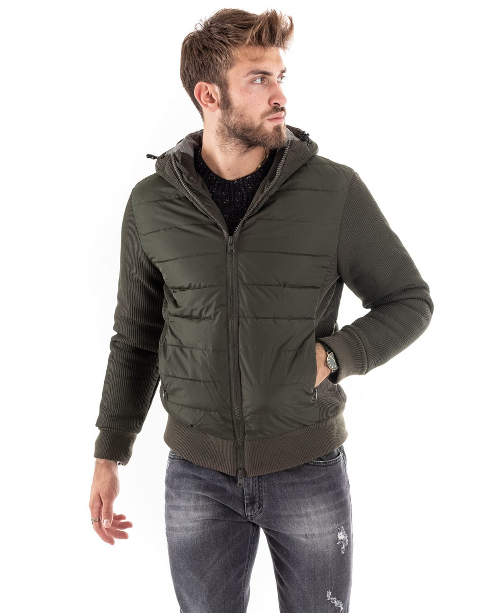 Giubbotto Uomo Cappuccio Bomber Tinta Unita Verde Tessuto Tecnico GIOSAL-G2927A