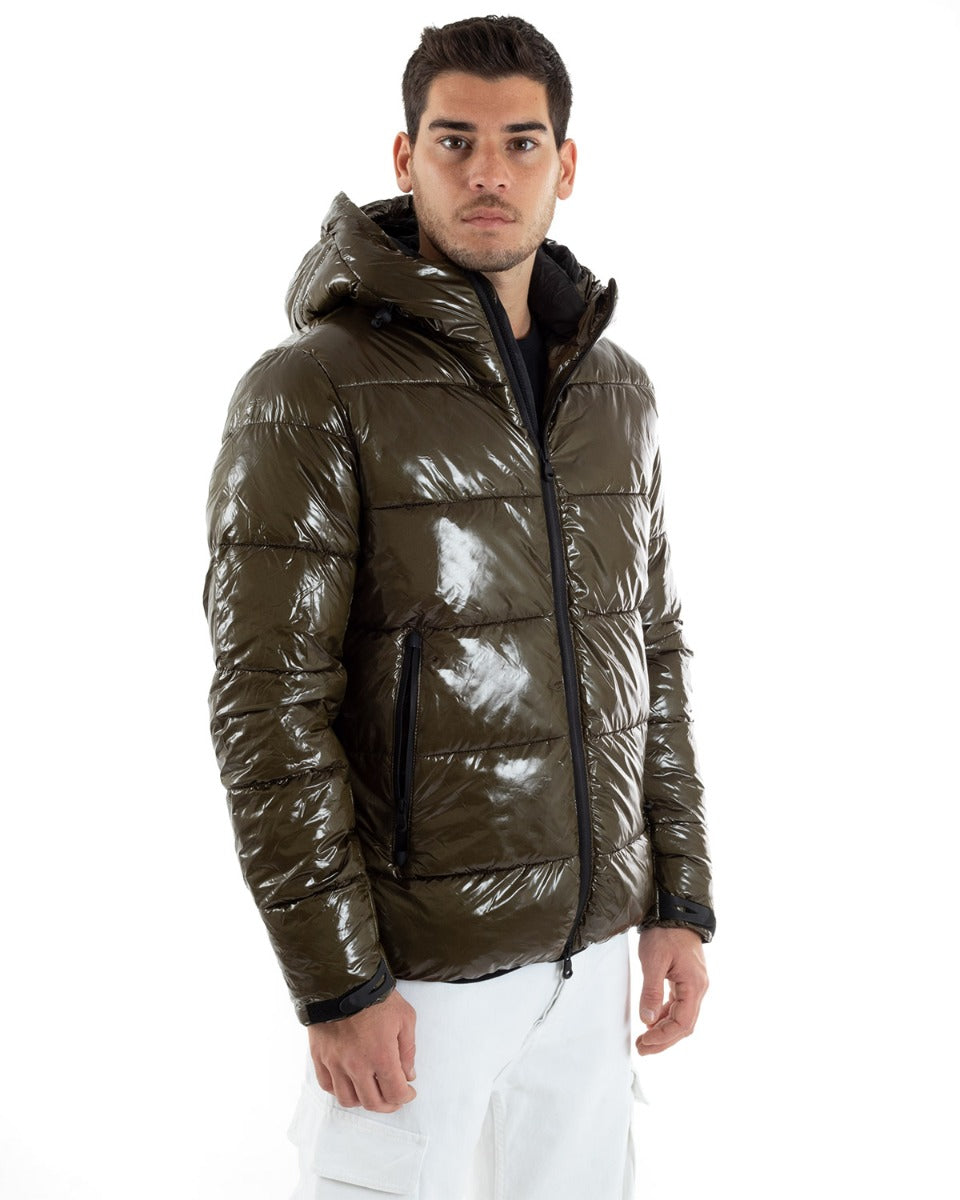 Giubbotto Uomo Bomber Vernice Lucido Verde Puffer Cappuccio GIOSAL-G2933A