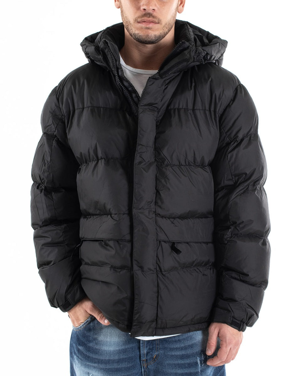 Giubbotto Uomo Bomber Tinta Unita Nero Cappuccio Puffer Imbottito GIOSAL-G2937A