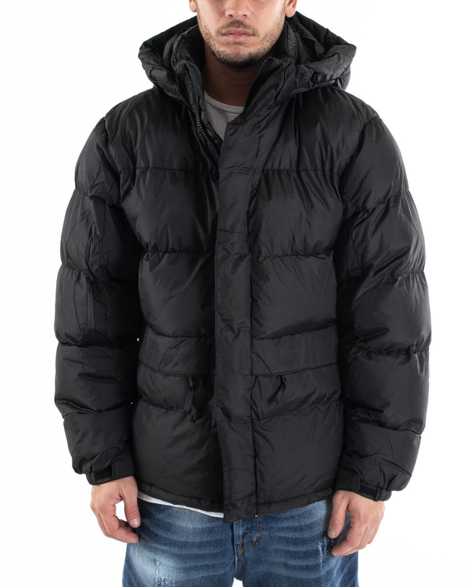 Giubbotto Uomo Bomber Tinta Unita Nero Cappuccio Puffer Imbottito GIOSAL-G2937A