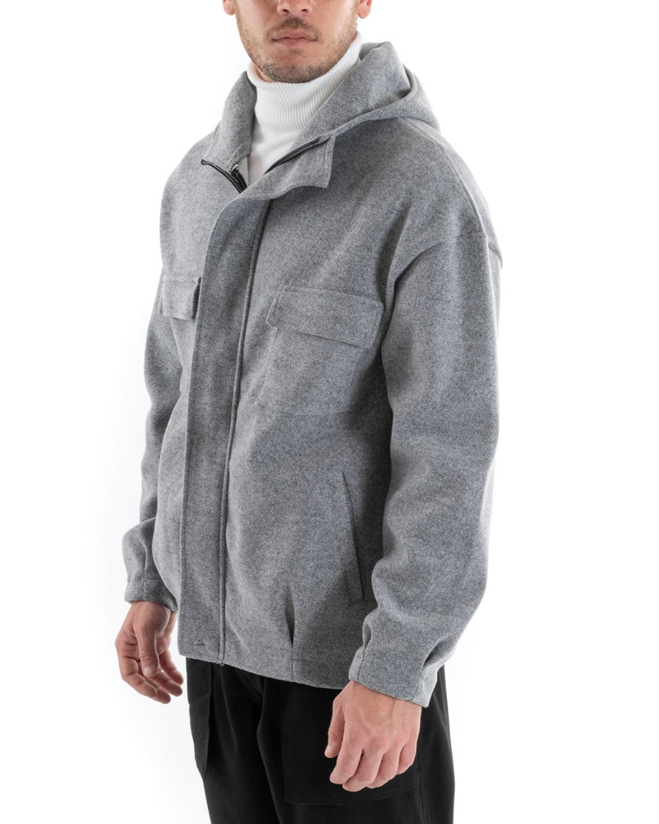 Cappotto Uomo Camoscio Giubbotto Con Cappuccio Giacca Calda Con Zip Tinta Unita Grigio GIOSAL-G2945A