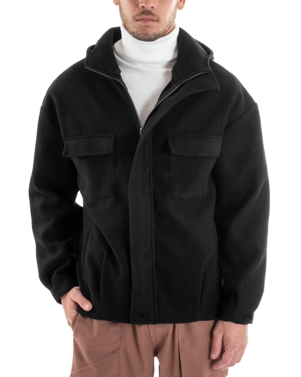 Cappotto Uomo Camoscio Giubbotto Con Cappuccio Giacca Calda Con Zip Tinta Unita Nero GIOSAL-G2947A