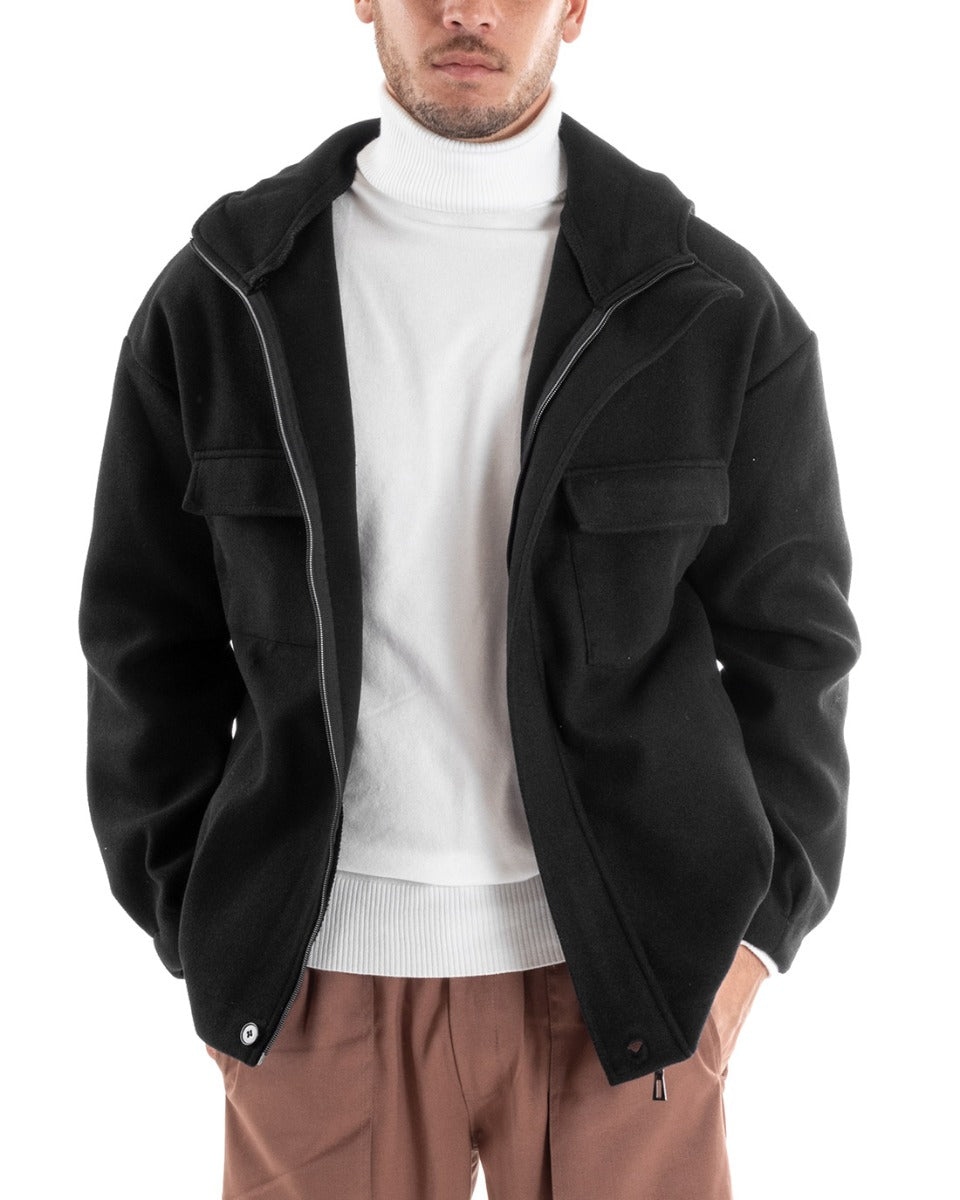 Cappotto Uomo Camoscio Giubbotto Con Cappuccio Giacca Calda Con Zip Tinta Unita Nero GIOSAL-G2947A