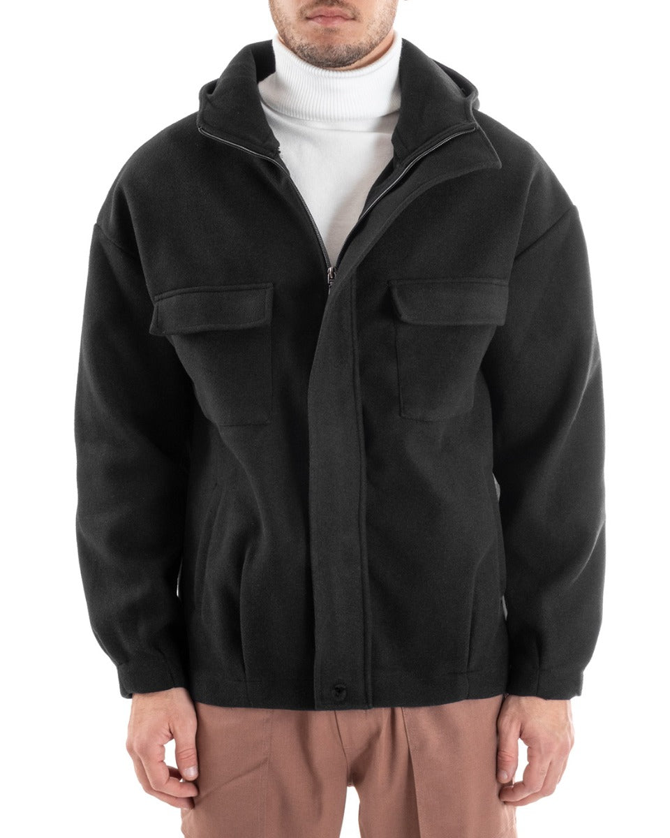 Cappotto Uomo Camoscio Giubbotto Con Cappuccio Giacca Calda Con Zip Tinta Unita Nero GIOSAL-G2947A