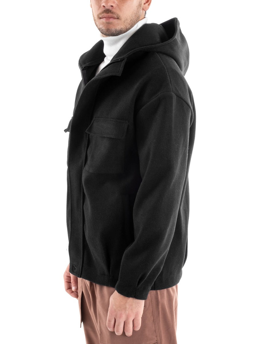 Cappotto Uomo Camoscio Giubbotto Con Cappuccio Giacca Calda Con Zip Tinta Unita Nero GIOSAL-G2947A