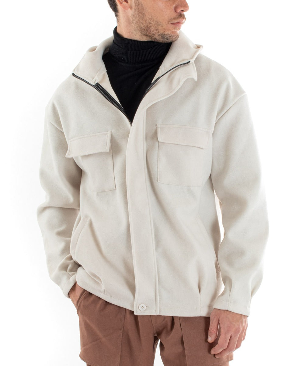 Cappotto Uomo Camoscio Giubbotto Con Cappuccio Giacca Calda Con Zip Tinta Unita Panna Casual GIOSAL-G2948A