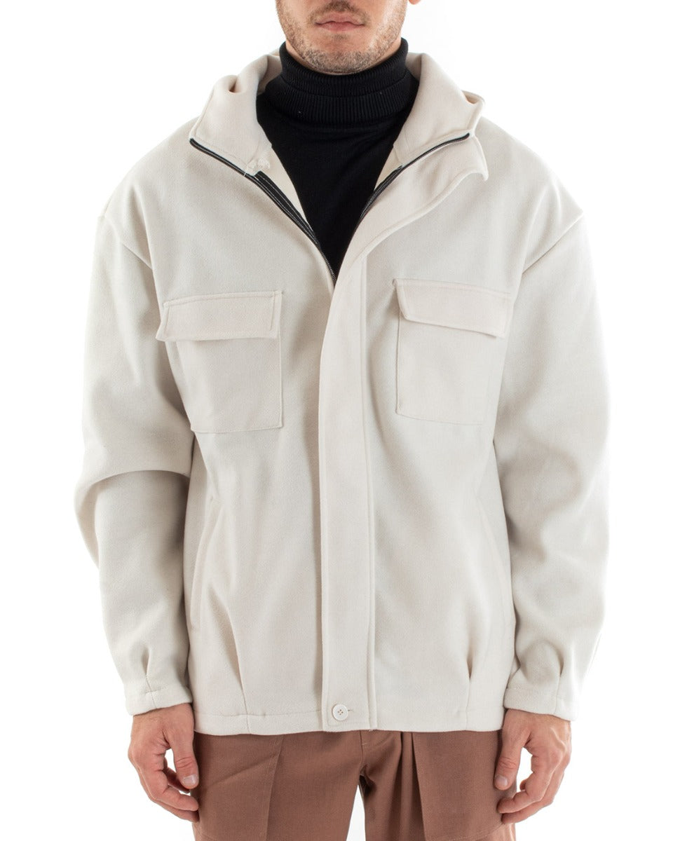 Cappotto Uomo Camoscio Giubbotto Con Cappuccio Giacca Calda Con Zip Tinta Unita Panna Casual GIOSAL-G2948A
