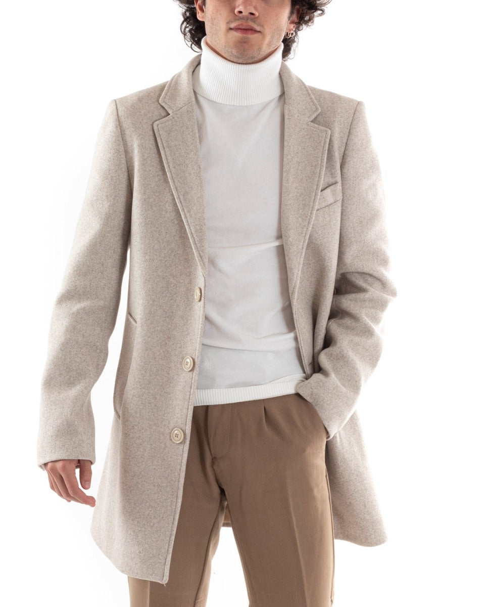 Cappotto Monopetto Uomo Giacca Colletto Reverse Giaccone Beige Giubbotto Baronetto Elegante GIOSAL-G2960A