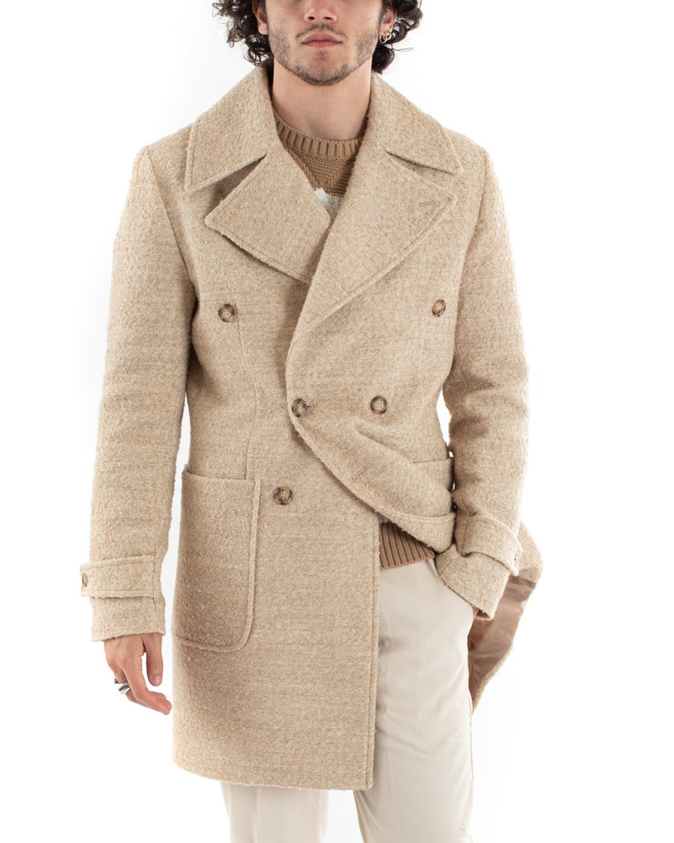 Cappotto Doppiopetto Uomo Giacca Giaccone Teddy Pelliccia Beige Giubbotto Elegante GIOSAL-G2961A