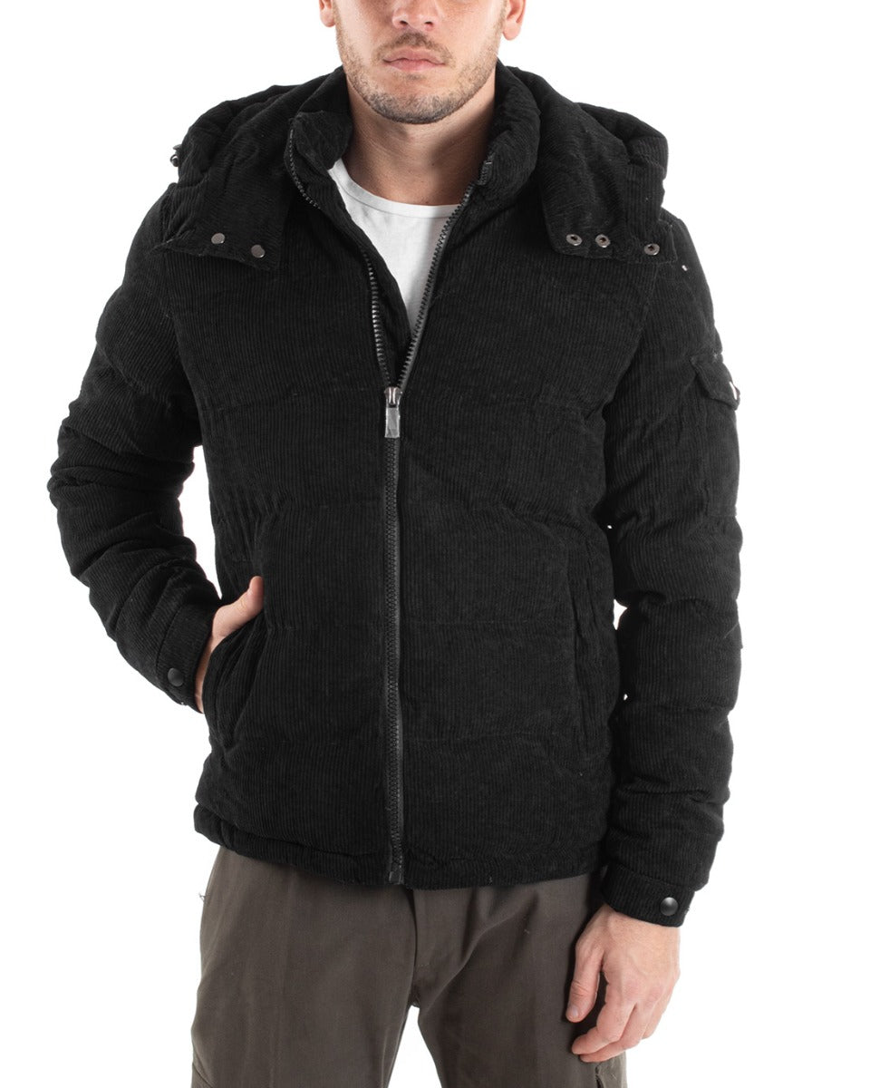 Giubbotto Uomo Bomber Cappuccio Puffer Velluto Costine Nero Casual GIOSAL-G2967A
