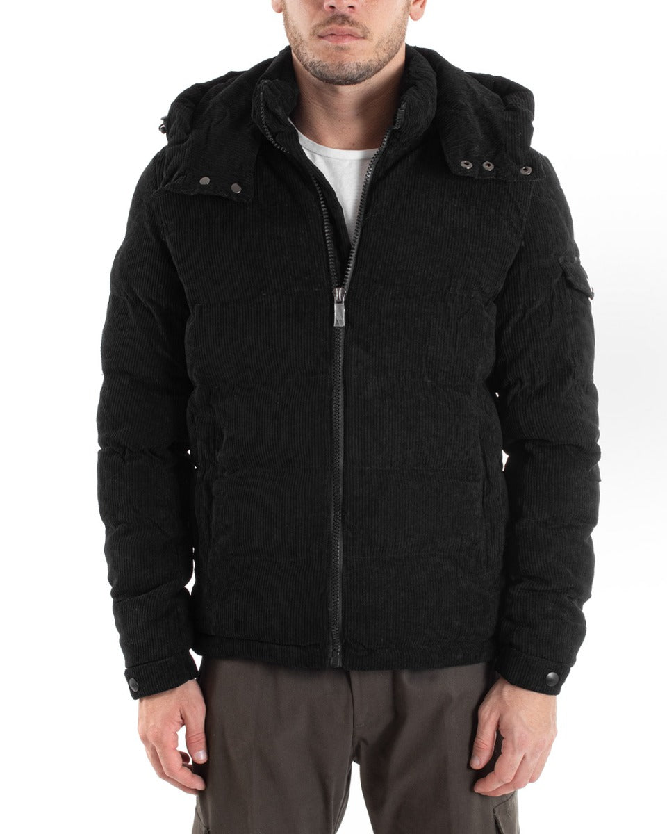 Giubbotto Uomo Bomber Cappuccio Puffer Velluto Costine Nero Casual GIOSAL-G2967A