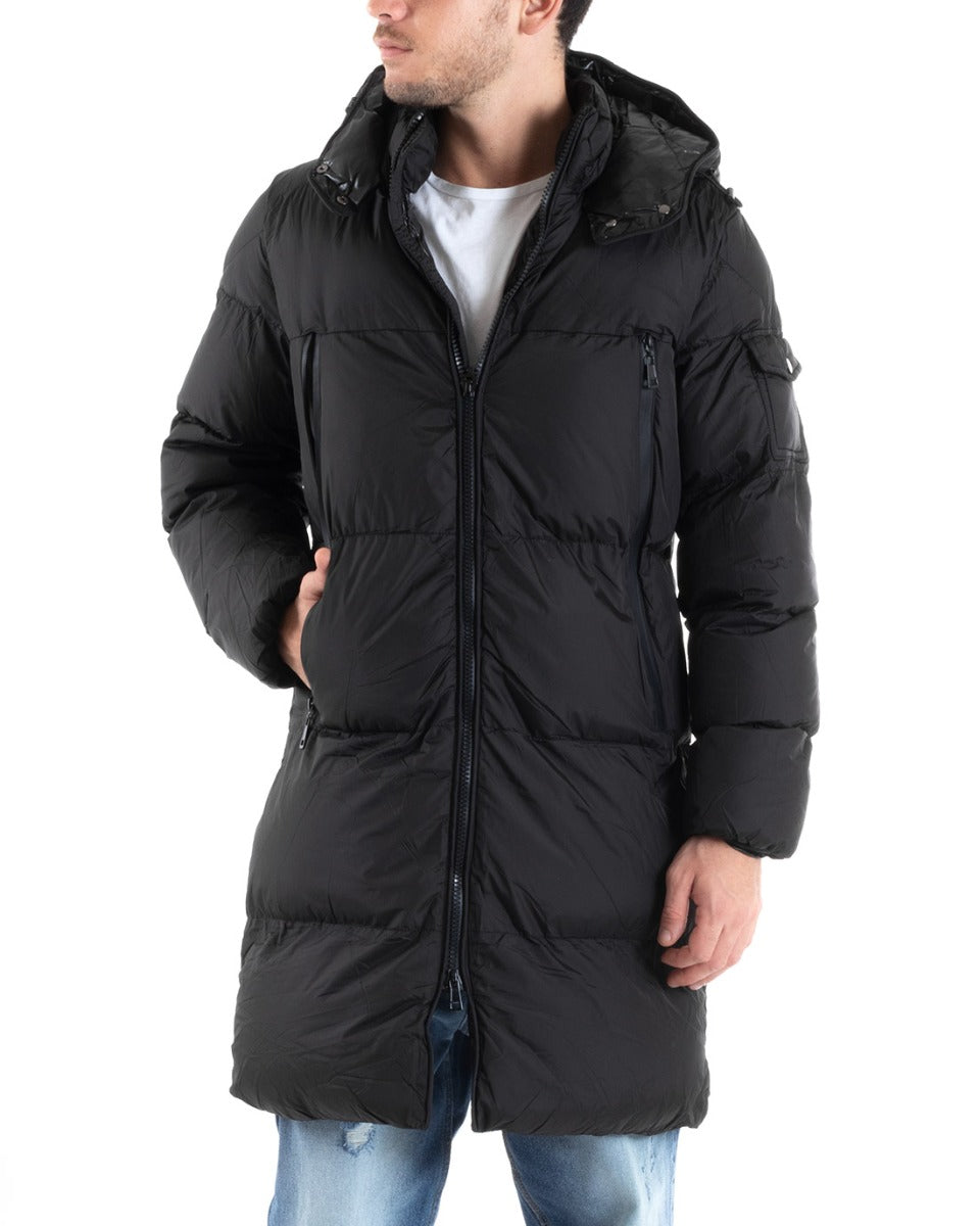 Giubbotto Uomo Bomber Giaccone Lungo Puffer Tinta Unita Con Cappuccio Caldo Imbottito Nero Casual GIOSAL-G2976A