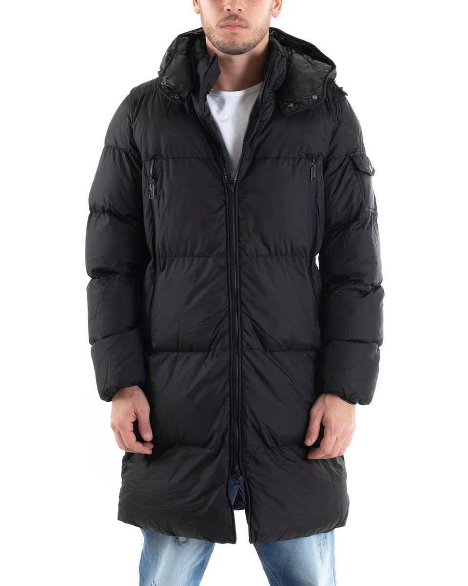 Giubbotto Uomo Bomber Giaccone Lungo Puffer Tinta Unita Con Cappuccio Caldo Imbottito Nero Casual GIOSAL-G2976A