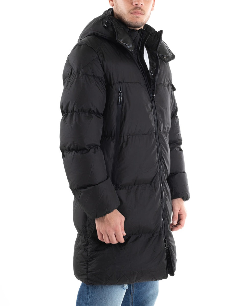 Giubbotto Uomo Bomber Giaccone Lungo Puffer Tinta Unita Con Cappuccio Caldo Imbottito Nero Casual GIOSAL-G2976A