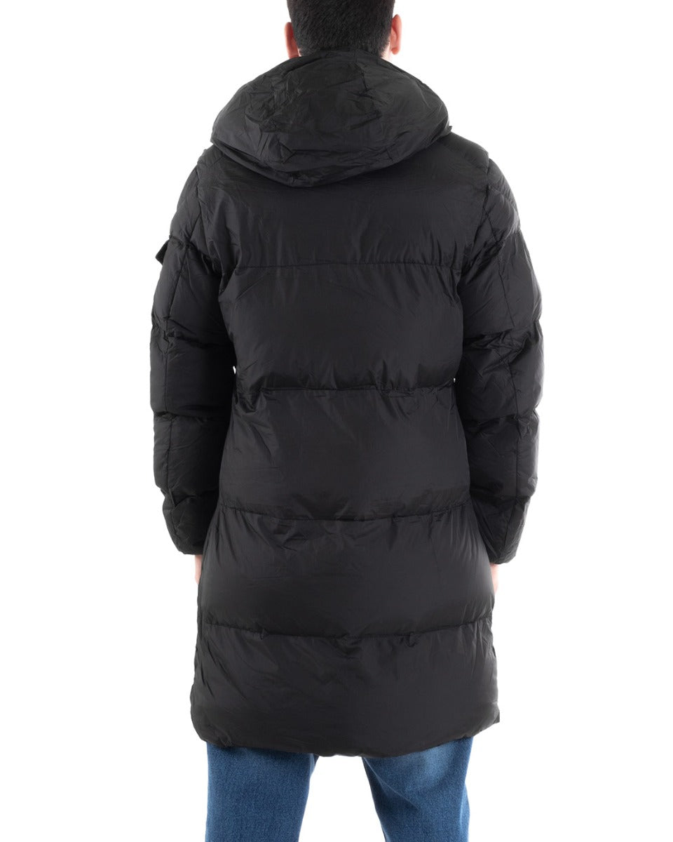 Giubbotto Uomo Bomber Giaccone Lungo Puffer Tinta Unita Con Cappuccio Caldo Imbottito Nero Casual GIOSAL-G2976A