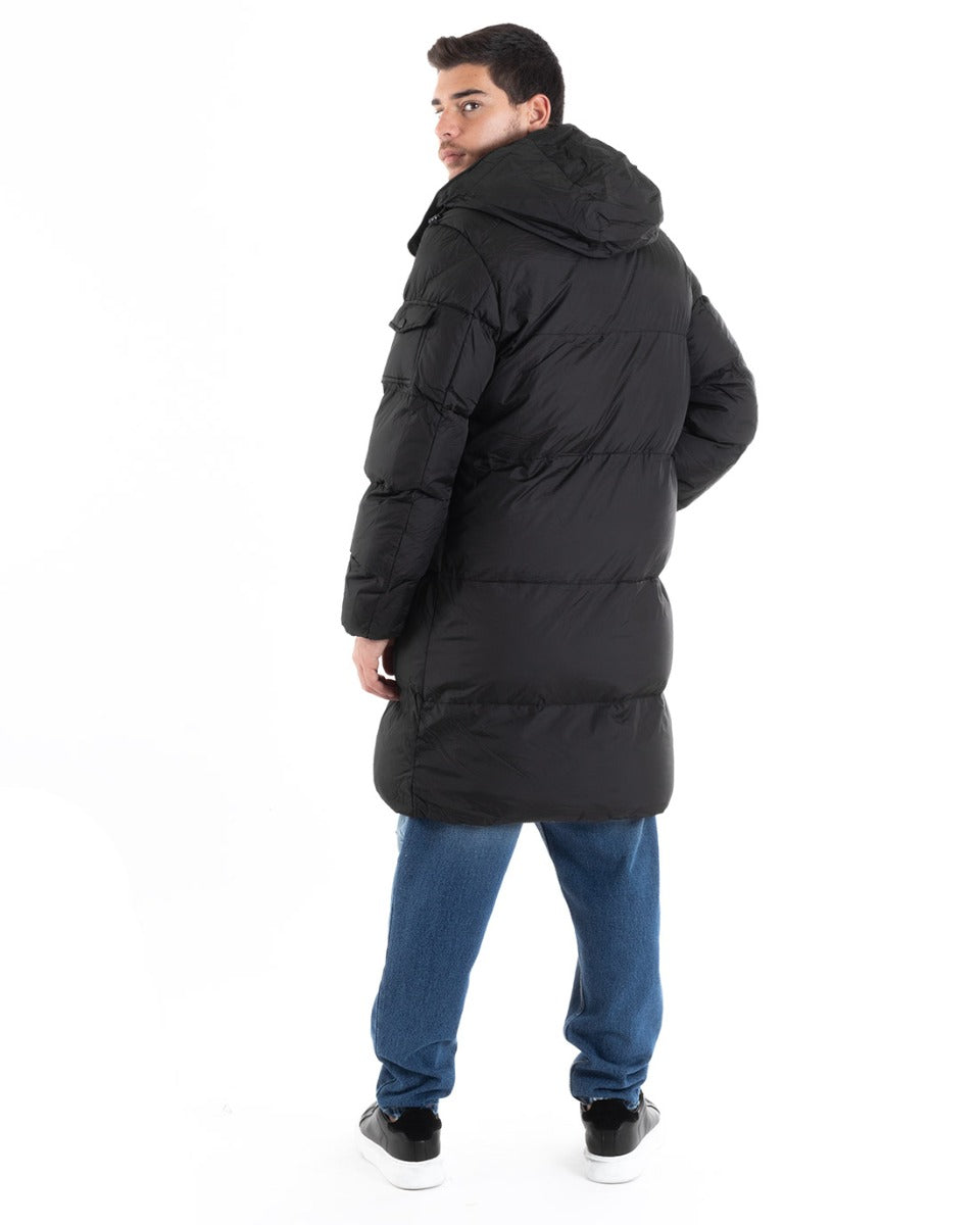 Giubbotto Uomo Bomber Giaccone Lungo Puffer Tinta Unita Con Cappuccio Caldo Imbottito Nero Casual GIOSAL-G2976A
