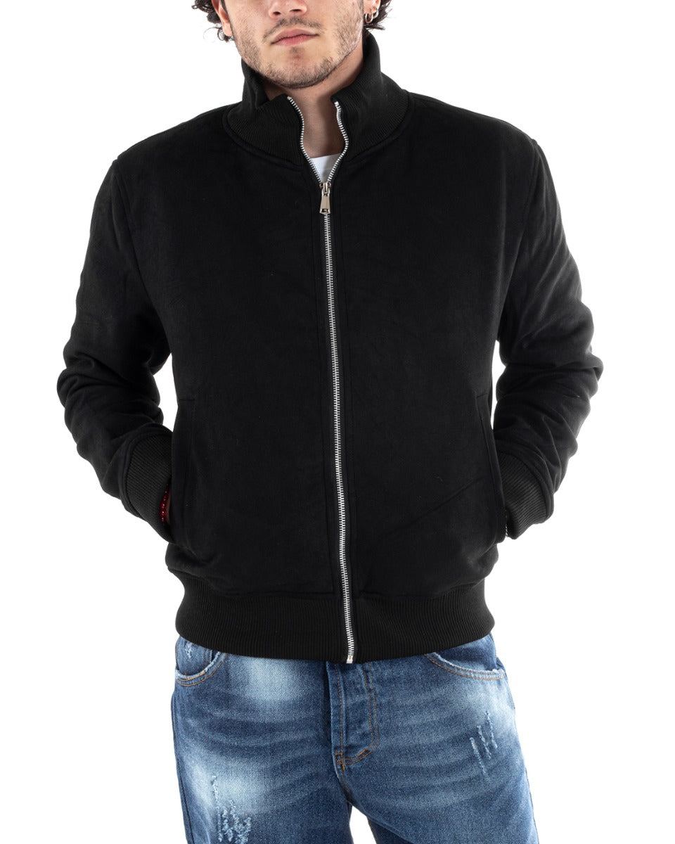Giubbotto Uomo College Con Colletto Camoscio Tinta Unita Nero Casual GIOSAL-G2993A
