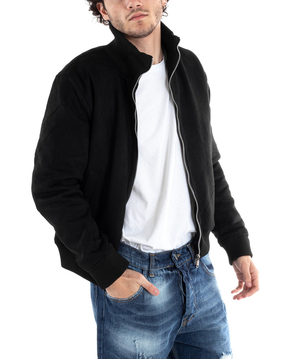 Giubbotto Uomo College Con Colletto Camoscio Tinta Unita Nero Casual GIOSAL-G2993A