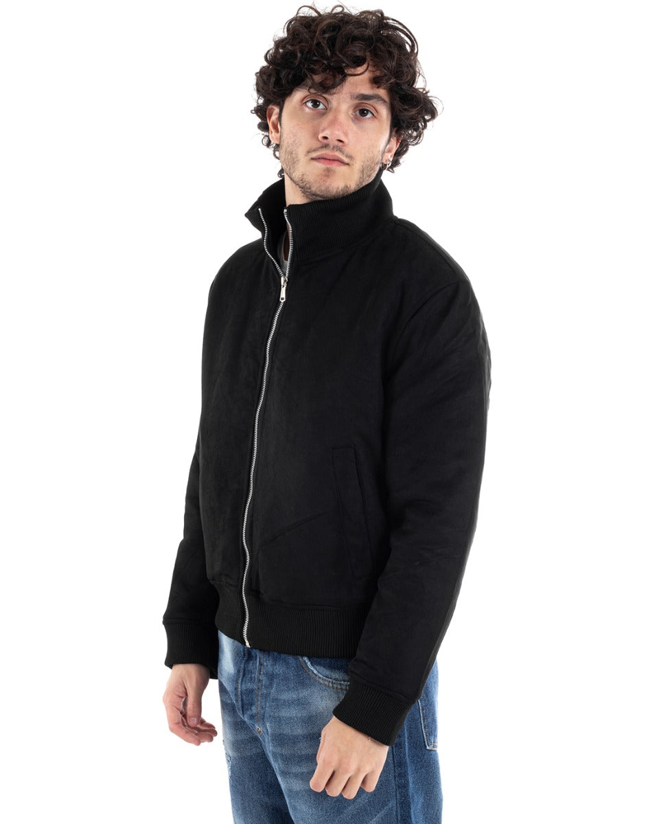 Giubbotto Uomo College Con Colletto Camoscio Tinta Unita Nero Casual GIOSAL-G2993A