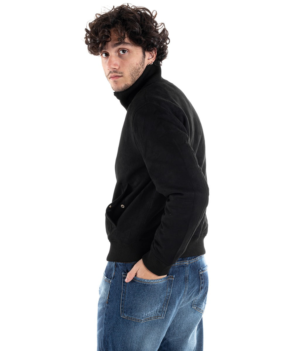 Giubbotto Uomo College Con Colletto Camoscio Tinta Unita Nero Casual GIOSAL-G2993A